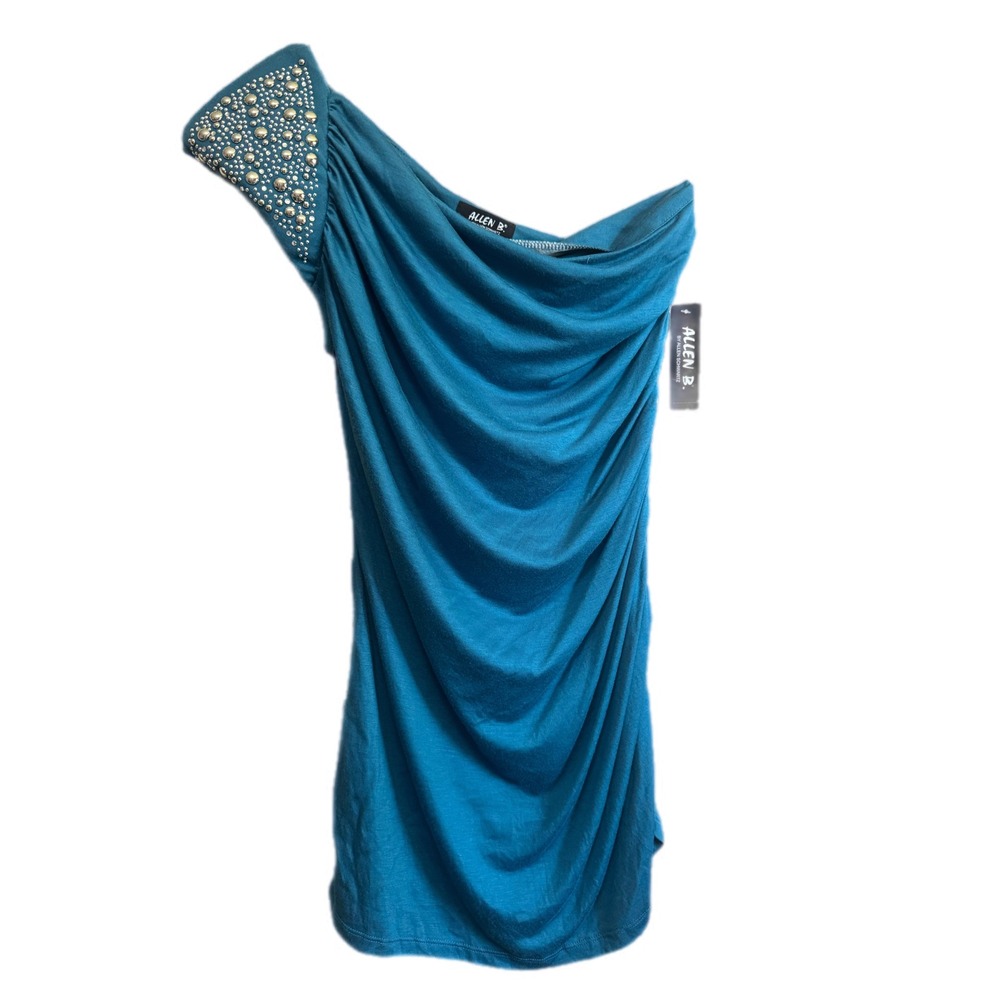 Allen B One Shoulder Top Womens Medium Teal NEW Studded Ruched Draped Glam